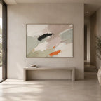 Abstract Expressionist abstract oil painting showing soft grey, white and orange painterly layers in a grey palette, contemporary wall art.
