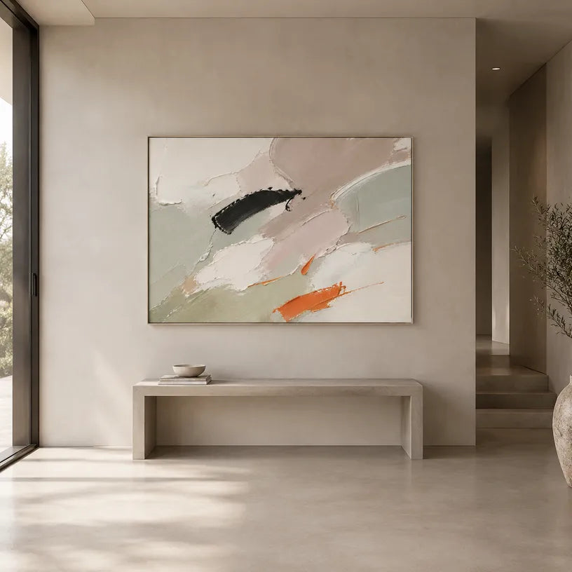 Abstract Expressionist abstract oil painting showing soft grey, white and orange painterly layers in a grey palette, contemporary wall art.