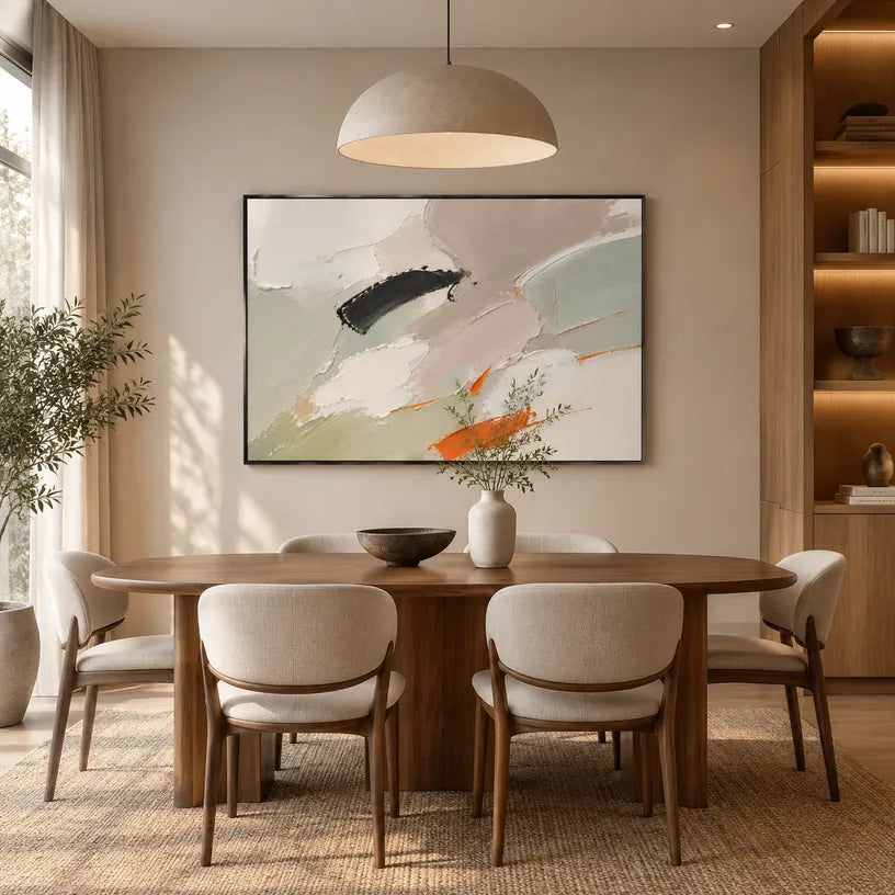 Abstract Expressionist abstract oil painting showing soft grey, white and orange painterly layers in a grey palette, contemporary wall art.