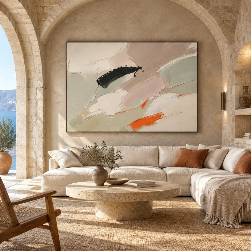 Abstract Expressionist abstract oil painting showing soft grey, white and orange painterly layers in a grey palette, contemporary wall art.