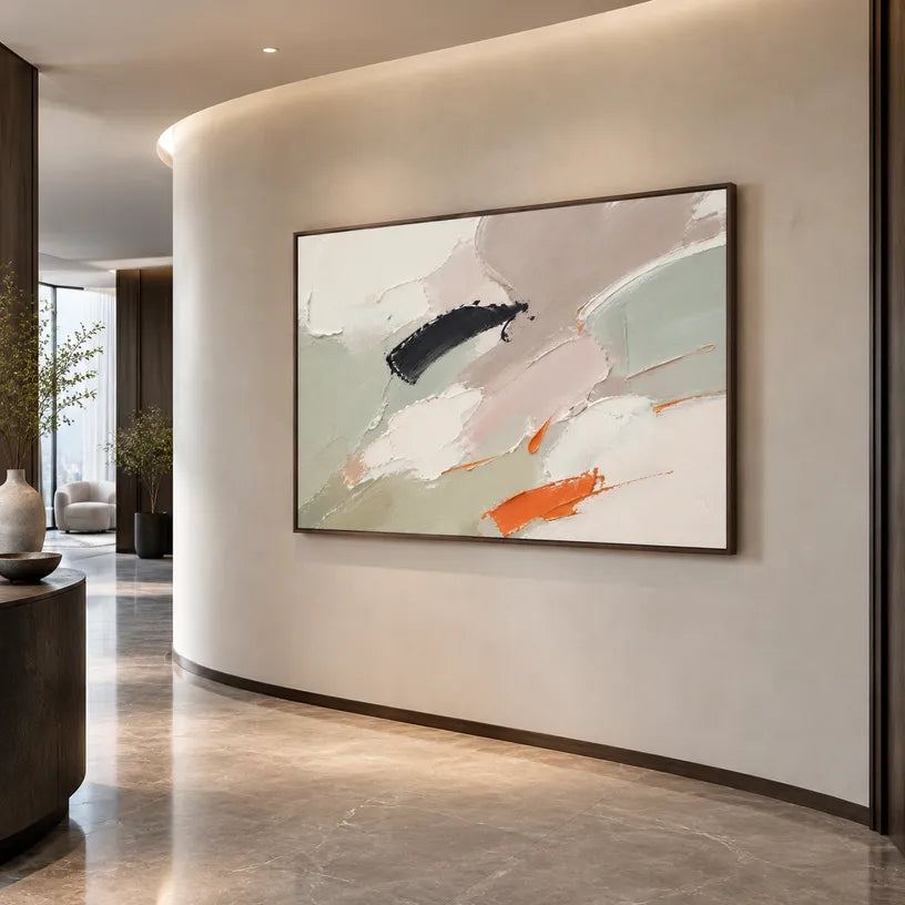 Abstract Expressionist abstract oil painting showing soft grey, white and orange painterly layers in a grey palette, contemporary wall art.