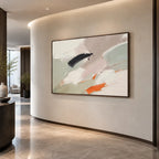 Abstract Expressionist abstract oil painting showing soft grey, white and orange painterly layers in a grey palette, contemporary wall art.
