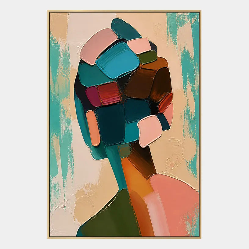 Abstract Expressionist portraiture & figure oil painting showing a graphic figure portrait with teal and peach shapes in a green palette, contemporary wall art.