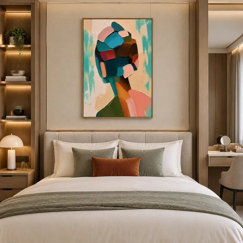Abstract Expressionist portraiture & figure oil painting showing a graphic figure portrait with teal and peach shapes in a green palette, contemporary wall art.
