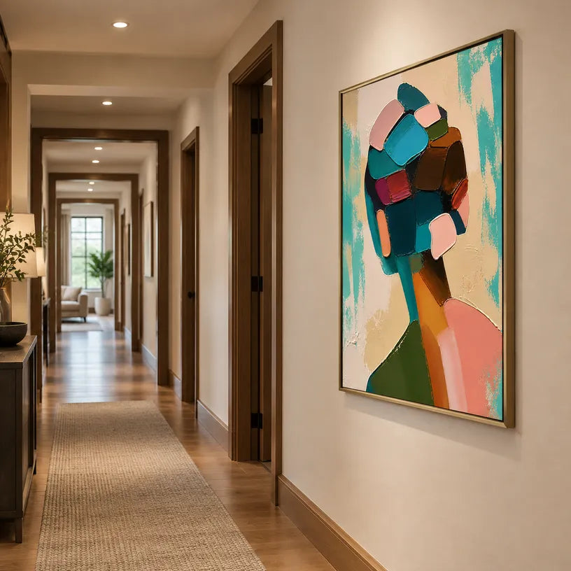 Abstract Expressionist portraiture & figure oil painting showing a graphic figure portrait with teal and peach shapes in a green palette, contemporary wall art.