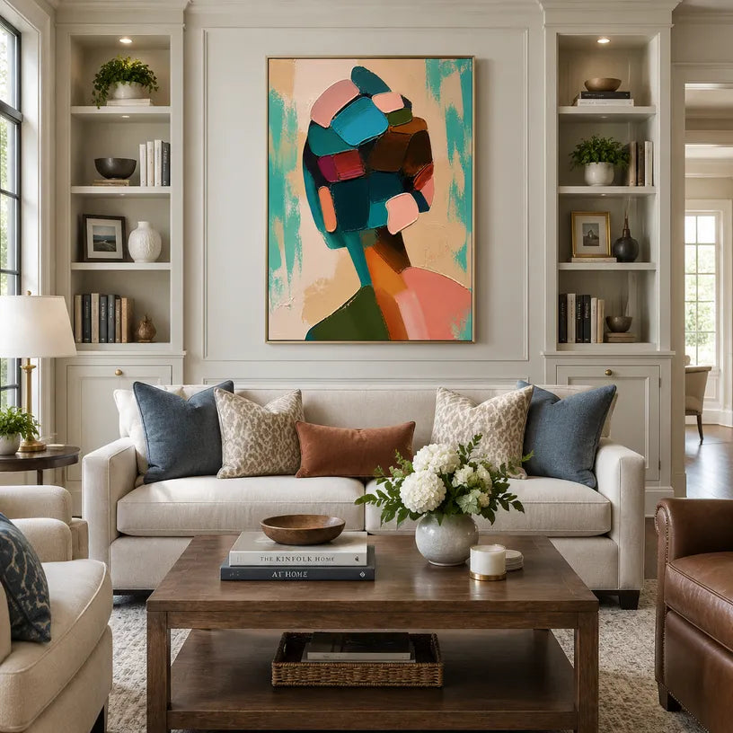 Abstract Expressionist portraiture & figure oil painting showing a graphic figure portrait with teal and peach shapes in a green palette, contemporary wall art.