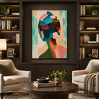 Abstract Expressionist portraiture & figure oil painting showing a graphic figure portrait with teal and peach shapes in a green palette, contemporary wall art.
