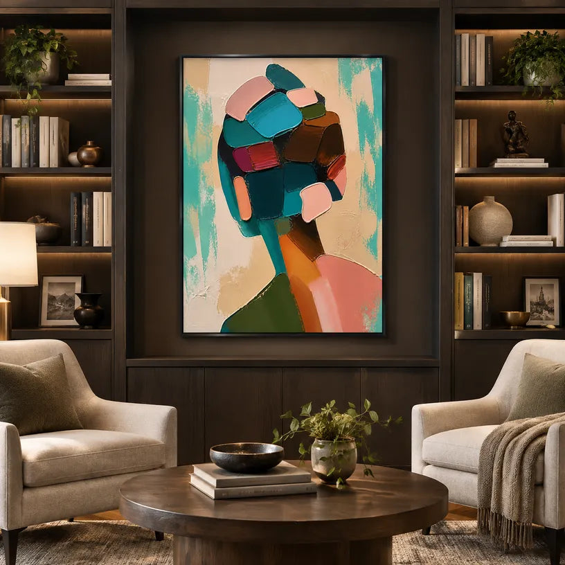 Abstract Expressionist portraiture & figure oil painting showing a graphic figure portrait with teal and peach shapes in a green palette, contemporary wall art.