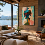 Abstract Expressionist portraiture & figure oil painting showing a graphic figure portrait with teal and peach shapes in a green palette, contemporary wall art.