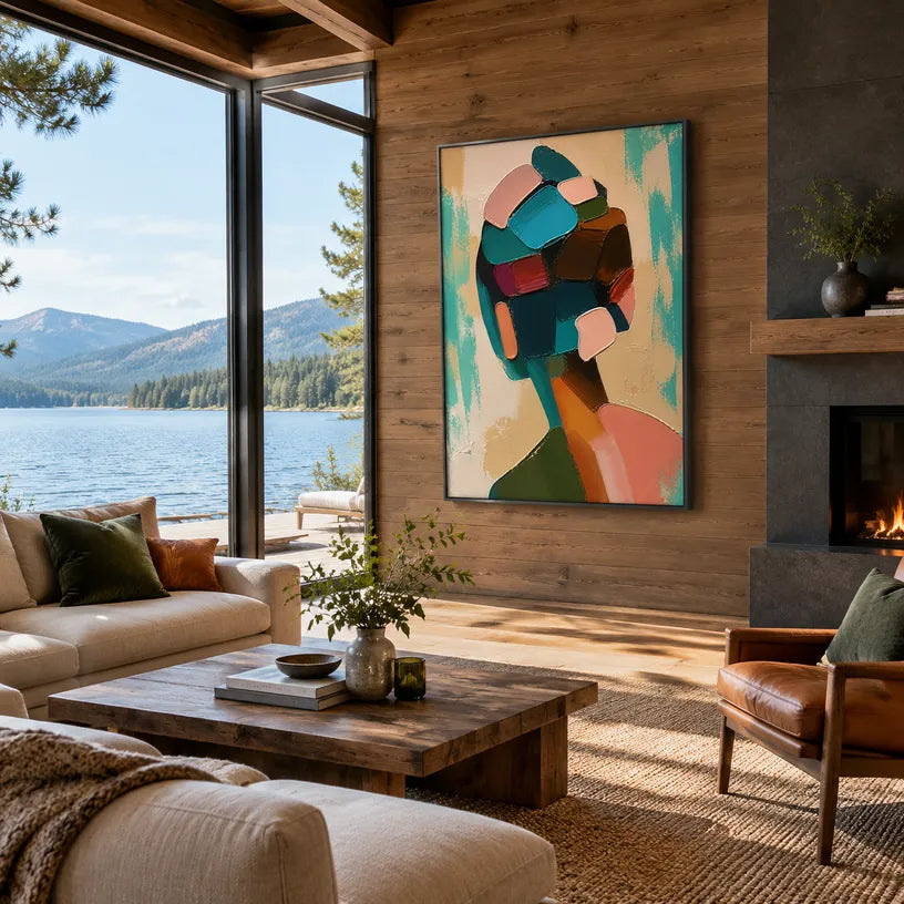 Abstract Expressionist portraiture & figure oil painting showing a graphic figure portrait with teal and peach shapes in a green palette, contemporary wall art.