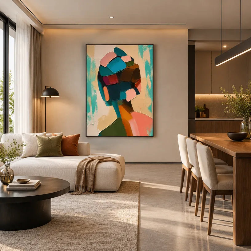 Abstract Expressionist portraiture & figure oil painting showing a graphic figure portrait with teal and peach shapes in a green palette, contemporary wall art.