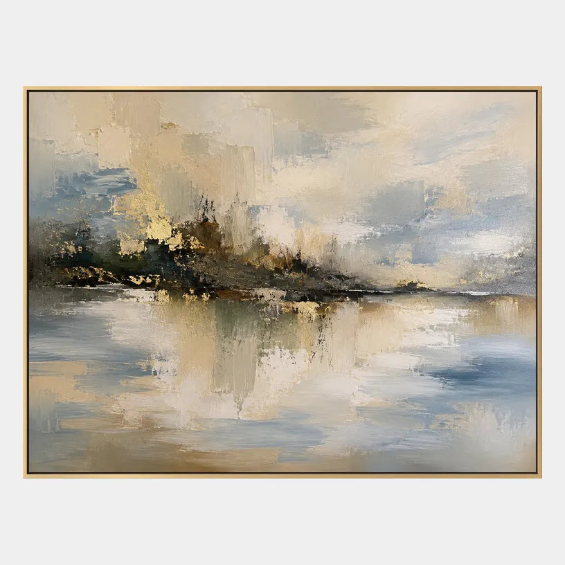 Abstract Expressionist landscapes & seascapes & cityscapes oil painting showing a warm neutral island landscape reflected in water in a brown palette, contemporary wall art.