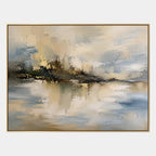 Abstract Expressionist landscapes & seascapes & cityscapes oil painting showing a warm neutral island landscape reflected in water in a brown palette, contemporary wall art.