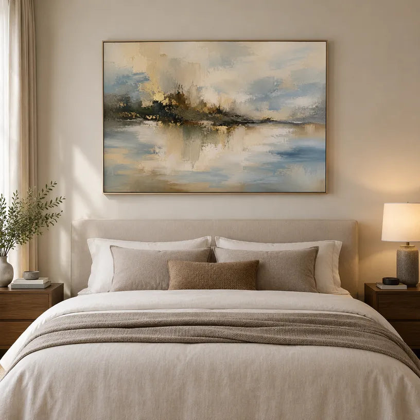 Abstract Expressionist landscapes & seascapes & cityscapes oil painting showing a warm neutral island landscape reflected in water in a brown palette, contemporary wall art.