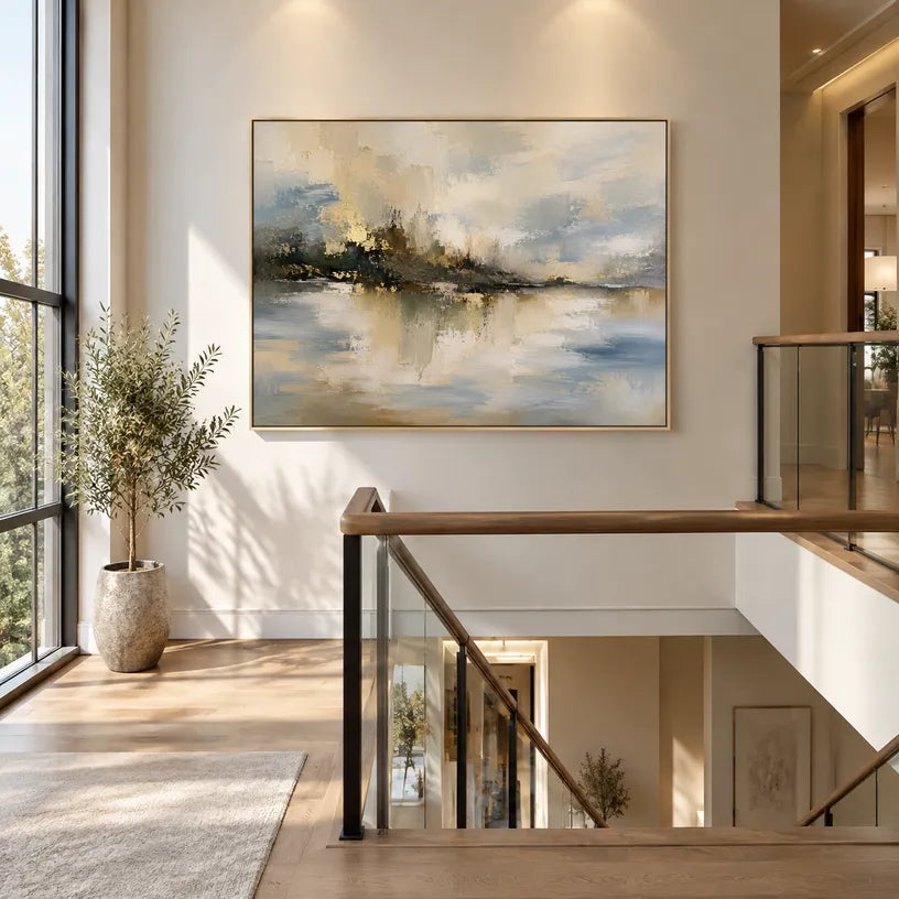 Abstract Expressionist landscapes & seascapes & cityscapes oil painting showing a warm neutral island landscape reflected in water in a brown palette, contemporary wall art.