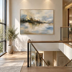 Abstract Expressionist landscapes & seascapes & cityscapes oil painting showing a warm neutral island landscape reflected in water in a brown palette, contemporary wall art.