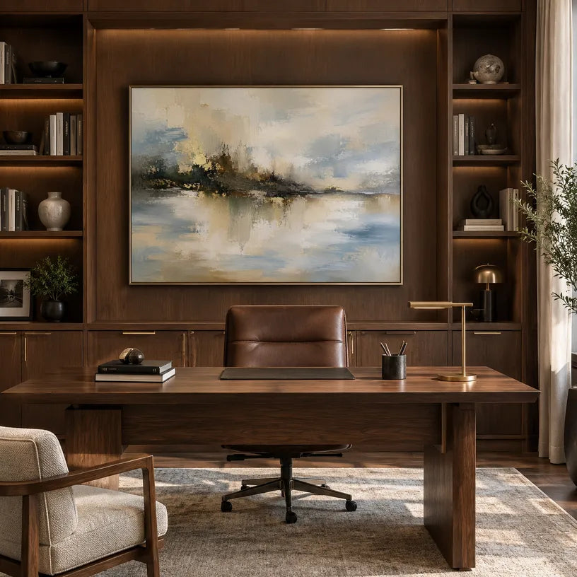 Abstract Expressionist landscapes & seascapes & cityscapes oil painting showing a warm neutral island landscape reflected in water in a brown palette, contemporary wall art.