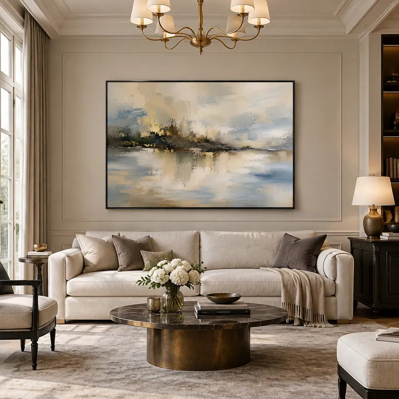 Abstract Expressionist landscapes & seascapes & cityscapes oil painting showing a warm neutral island landscape reflected in water in a brown palette, contemporary wall art.