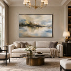 Abstract Expressionist landscapes & seascapes & cityscapes oil painting showing a warm neutral island landscape reflected in water in a brown palette, contemporary wall art.