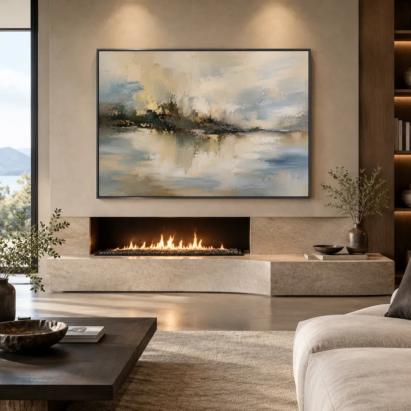 Abstract Expressionist landscapes & seascapes & cityscapes oil painting showing a warm neutral island landscape reflected in water in a brown palette, contemporary wall art.