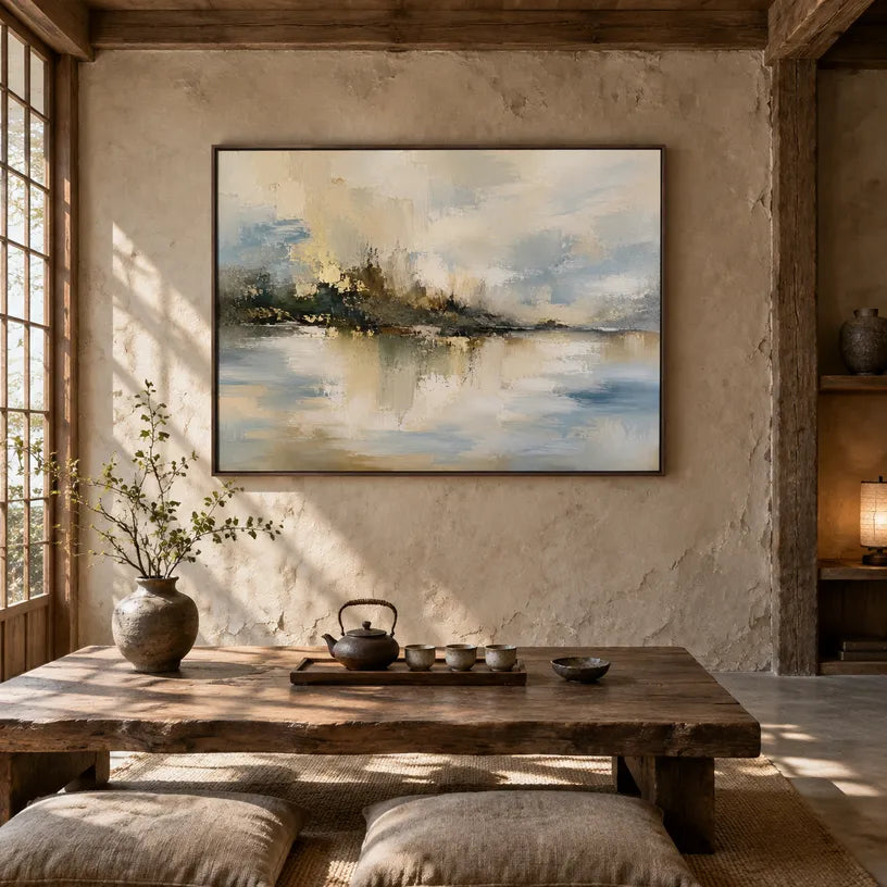 Abstract Expressionist landscapes & seascapes & cityscapes oil painting showing a warm neutral island landscape reflected in water in a brown palette, contemporary wall art.
