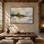 Abstract Expressionist landscapes & seascapes & cityscapes oil painting showing a warm neutral island landscape reflected in water in a brown palette, contemporary wall art.