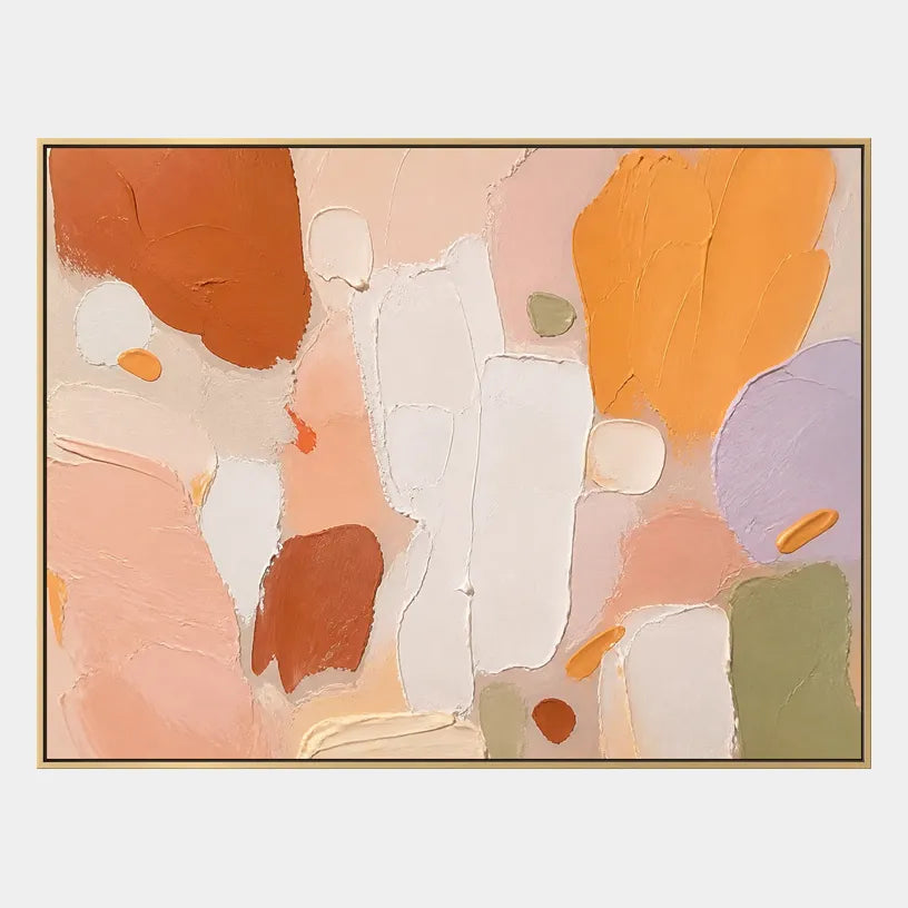 Abstract Expressionist abstract oil painting showing layered abstract marks, texture and expressive painterly movement in a orange palette.