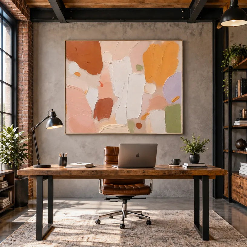 Abstract Expressionist abstract oil painting showing layered abstract marks, texture and expressive painterly movement in a orange palette.