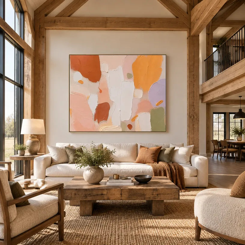 Abstract Expressionist abstract oil painting showing layered abstract marks, texture and expressive painterly movement in a orange palette.