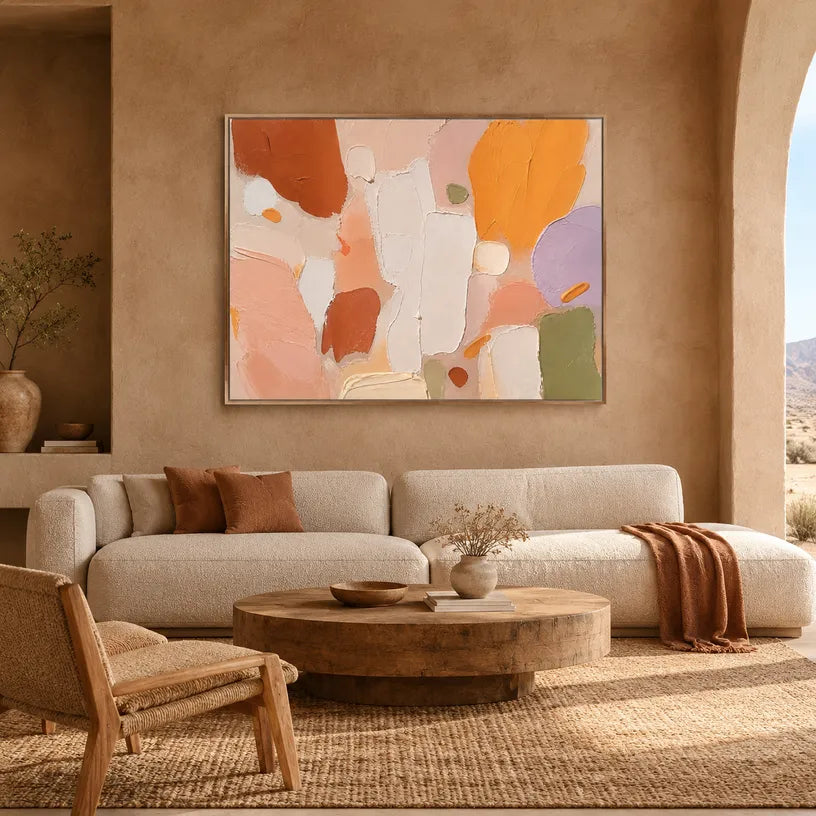 Abstract Expressionist abstract oil painting showing layered abstract marks, texture and expressive painterly movement in a orange palette.