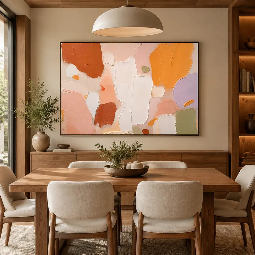 Abstract Expressionist abstract oil painting showing layered abstract marks, texture and expressive painterly movement in a orange palette.