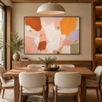 Abstract Expressionist abstract oil painting showing layered abstract marks, texture and expressive painterly movement in a orange palette.