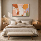 Abstract Expressionist abstract oil painting showing layered abstract marks, texture and expressive painterly movement in a orange palette.