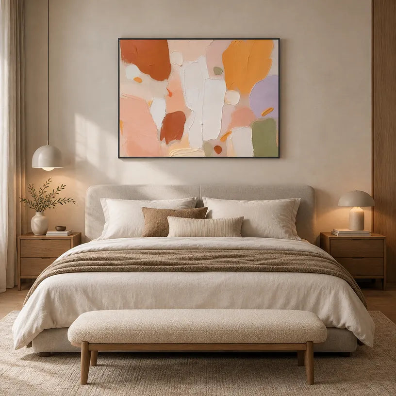 Abstract Expressionist abstract oil painting showing layered abstract marks, texture and expressive painterly movement in a orange palette.
