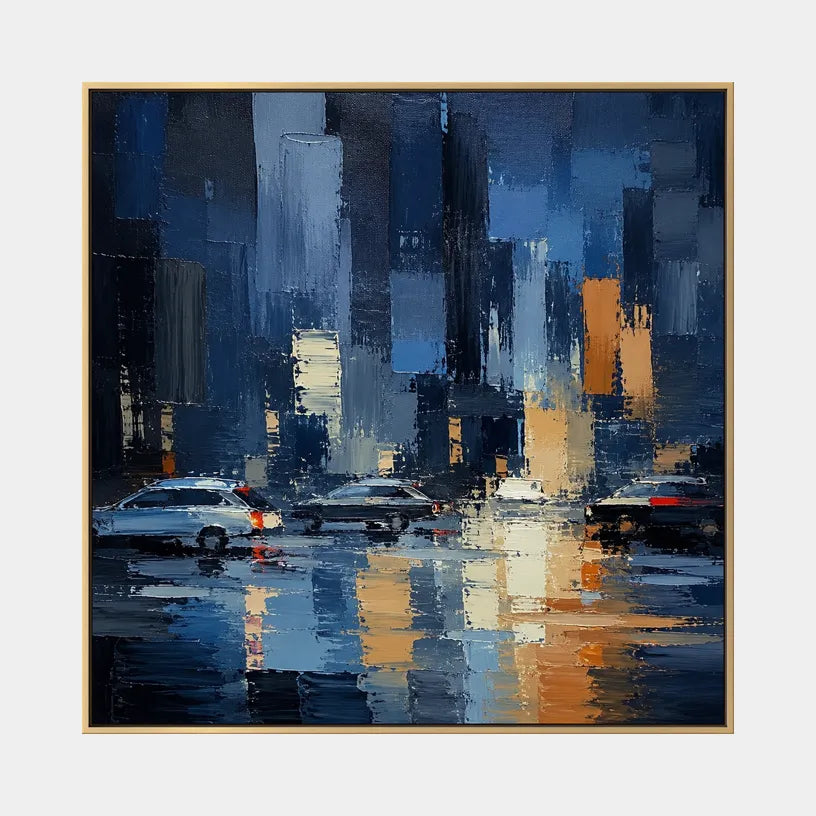 Abstract Expressionist landscapes & seascapes & cityscapes oil painting showing a stylized city skyline with reflective water and atmospheric light in a blue palette.