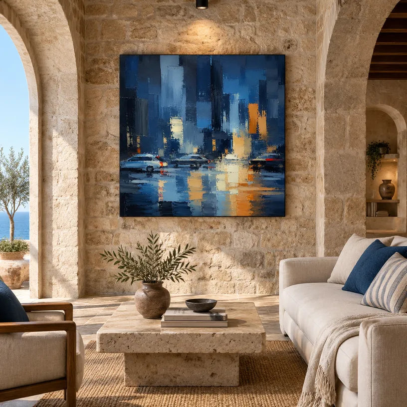 Abstract Expressionist landscapes & seascapes & cityscapes oil painting showing a stylized city skyline with reflective water and atmospheric light in a blue palette.