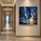 Abstract Expressionist landscapes & seascapes & cityscapes oil painting showing a stylized city skyline with reflective water and atmospheric light in a blue palette.