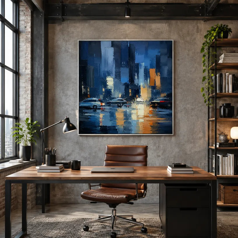 Abstract Expressionist landscapes & seascapes & cityscapes oil painting showing a stylized city skyline with reflective water and atmospheric light in a blue palette.