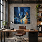 Abstract Expressionist landscapes & seascapes & cityscapes oil painting showing a stylized city skyline with reflective water and atmospheric light in a blue palette.
