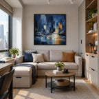 Abstract Expressionist landscapes & seascapes & cityscapes oil painting showing a stylized city skyline with reflective water and atmospheric light in a blue palette.