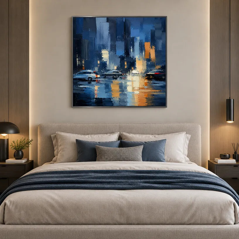 Abstract Expressionist landscapes & seascapes & cityscapes oil painting showing a stylized city skyline with reflective water and atmospheric light in a blue palette.