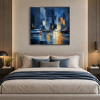Abstract Expressionist landscapes & seascapes & cityscapes oil painting showing a stylized city skyline with reflective water and atmospheric light in a blue palette.
