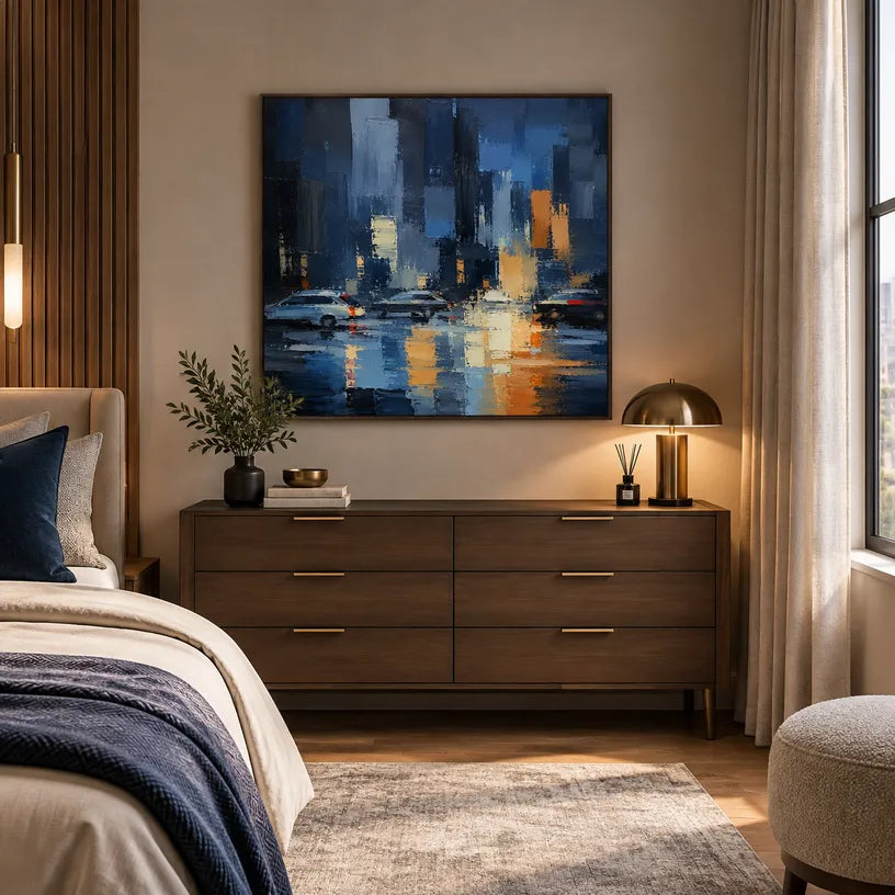 Abstract Expressionist landscapes & seascapes & cityscapes oil painting showing a stylized city skyline with reflective water and atmospheric light in a blue palette.