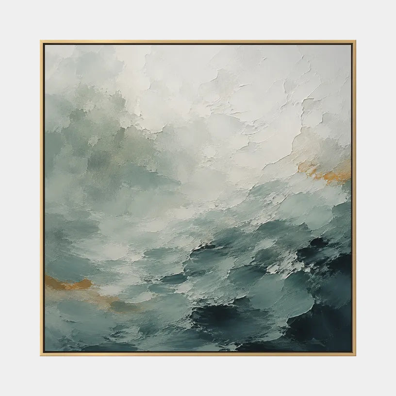 Abstract Expressionist landscapes & seascapes & cityscapes oil painting showing a painterly landscape with distant hills, trees or reflective water in a grey palette.