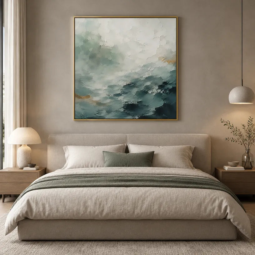 Abstract Expressionist landscapes & seascapes & cityscapes oil painting showing a painterly landscape with distant hills, trees or reflective water in a grey palette.