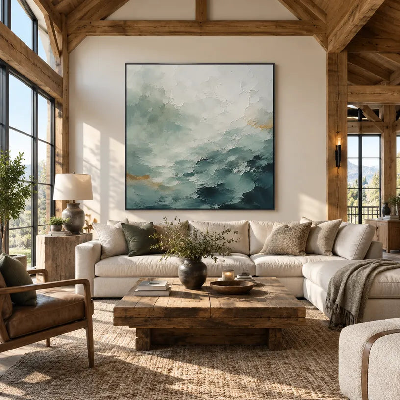 Abstract Expressionist landscapes & seascapes & cityscapes oil painting showing a painterly landscape with distant hills, trees or reflective water in a grey palette.