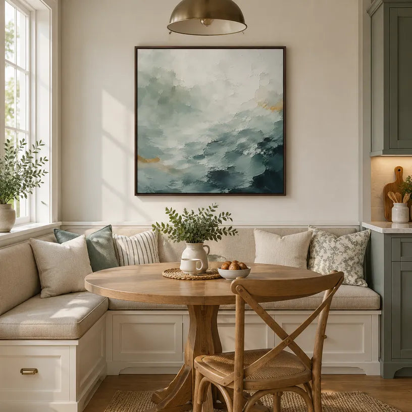 Abstract Expressionist landscapes & seascapes & cityscapes oil painting showing a painterly landscape with distant hills, trees or reflective water in a grey palette.