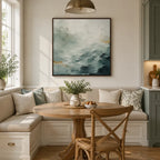 Abstract Expressionist landscapes & seascapes & cityscapes oil painting showing a painterly landscape with distant hills, trees or reflective water in a grey palette.