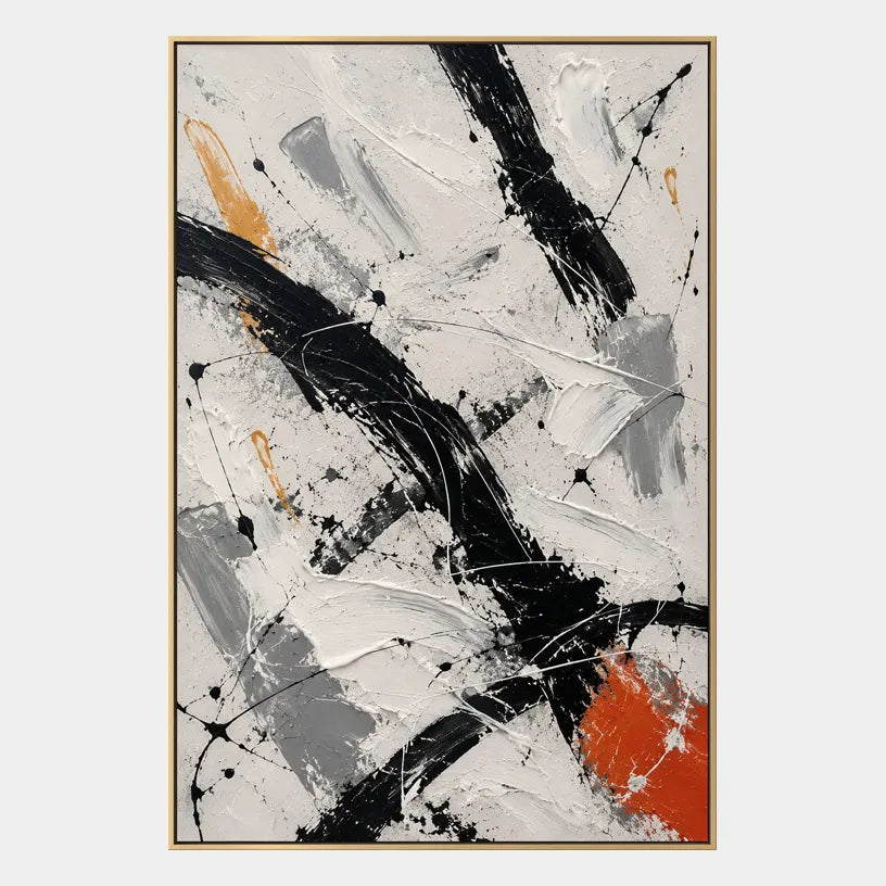 Abstract Expressionist abstract oil painting showing black and white brushwork with a small orange accent, contemporary wall art.