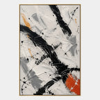 Abstract Expressionist abstract oil painting showing black and white brushwork with a small orange accent, contemporary wall art.